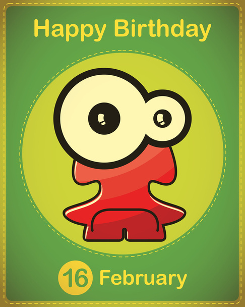 Happy birthday card with cute cartoon monster, vector - Вектор, зображення