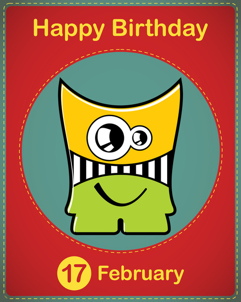 Happy birthday card with cute cartoon monster, vector - Vettoriali, immagini