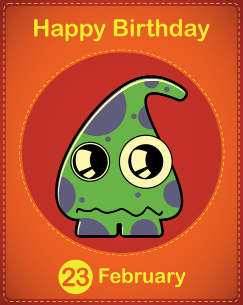 Happy birthday card with cute cartoon monster, vector - Vector, imagen