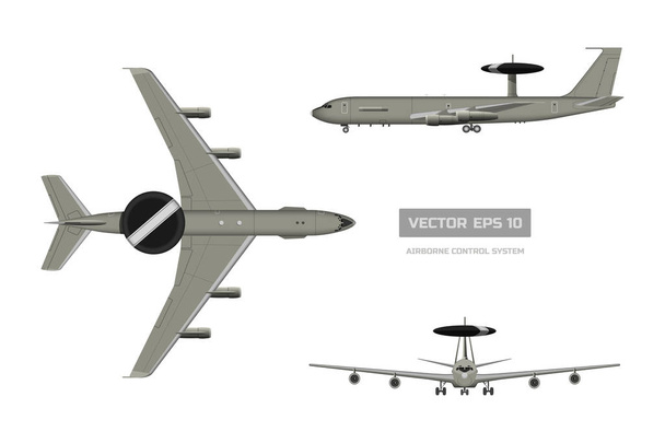 3d imagen de aviones militares. Vista superior, frontal y lateral del jet. Avión del Ejército con sistema de alerta y control aéreo. Dibujo aislado industrial
 - Vector, imagen