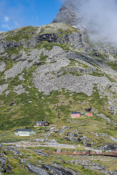 Typical scandinavian peaceful cabins in mountains - Zdjęcie, obraz