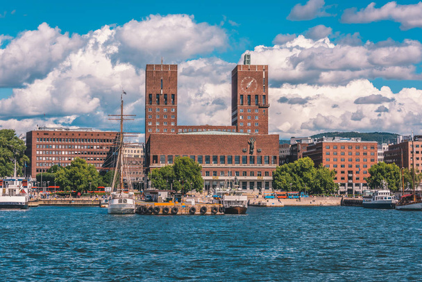 Oslo City Hall and Oslo cityscape from sea, warm summer day - Photo, image