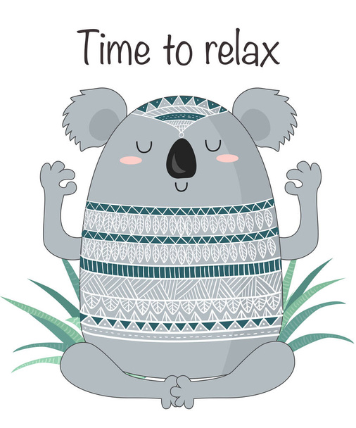 Vector cartoon sketch meditative koala illustration with motivat - Vektör, Görsel