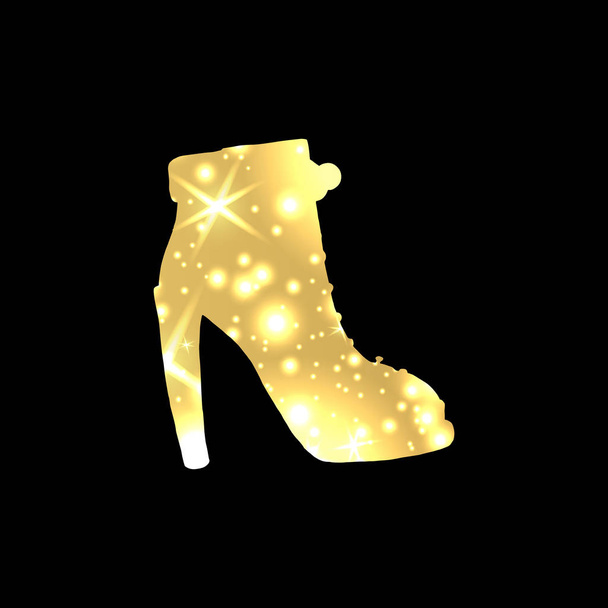 Golden shining female night shoes with high heels and star blinks on black background. - Vektor, Bild
