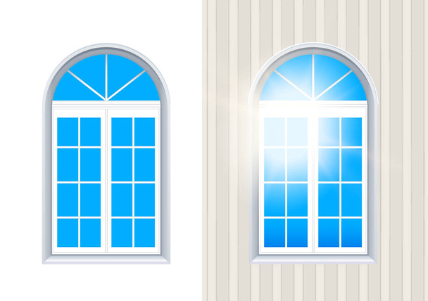 Δύο κλειστά παράθυρα εξωτερικά και εσωτερική θέα με το μπλε του ουρανού. - Διάνυσμα, εικόνα