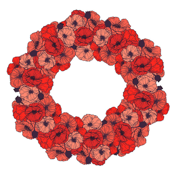 Wedding vintage circle frame with poppies. - Vector, afbeelding