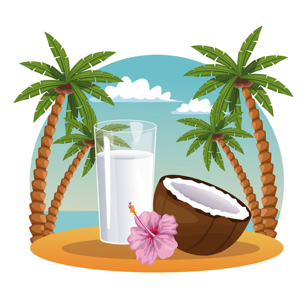 Coconut milk and charcoal in the beach - Vector, Image