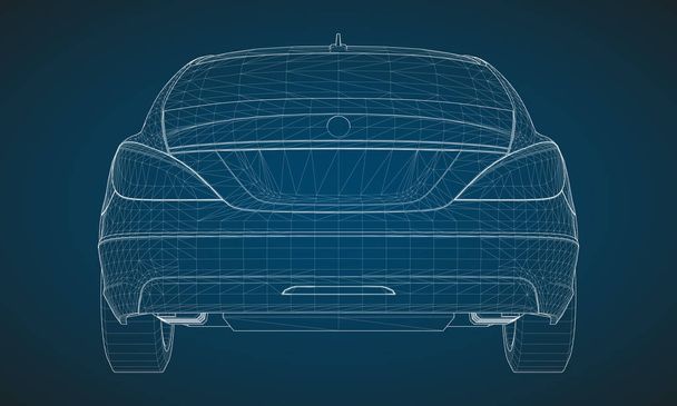 The model sports a premium sedan. Vector illustration in the form of a white polygonal triangular grid on a blue background. - Vector, Image