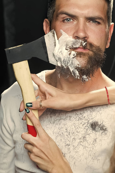 Bearded man having shaved  - 写真・画像