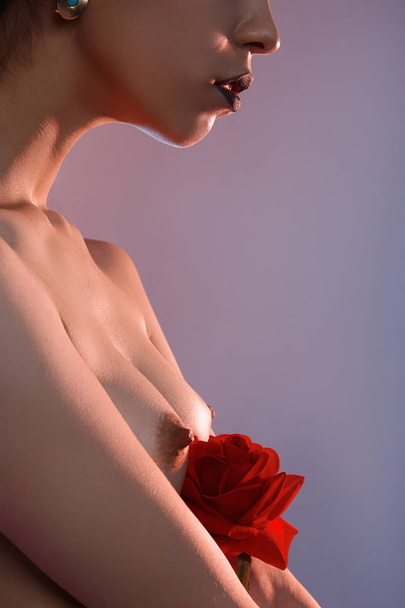 nude woman with flower - 写真・画像