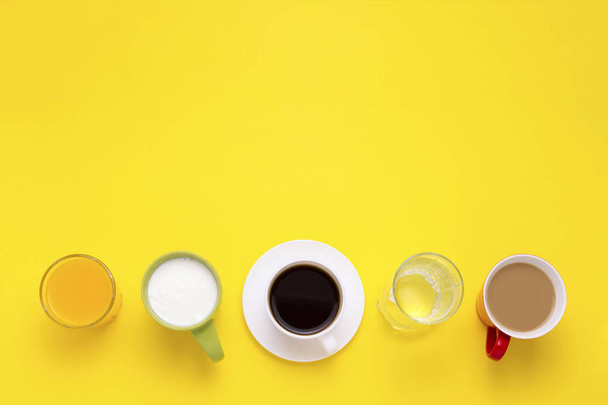 Group of Drinks in Multicolored Cups, Black Coffee, Coffee with  - Zdjęcie, obraz