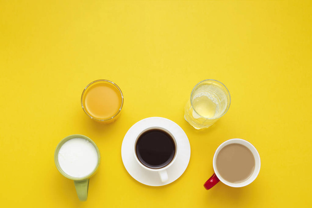 Group of Drinks in Multicolored Cups, Black Coffee, Coffee with  - Fotó, kép