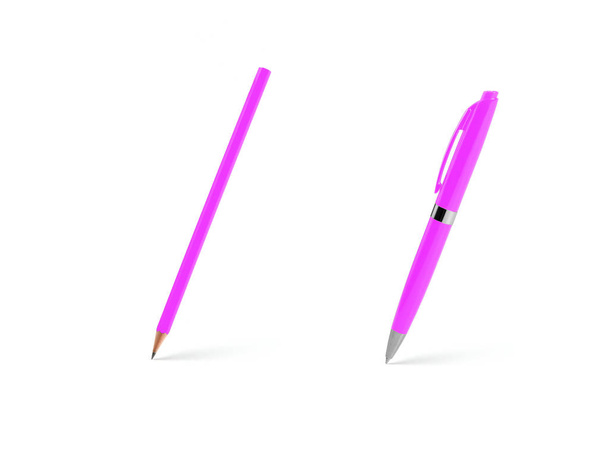 Pink plastic ballpoint pen and pencil on a white background. - Φωτογραφία, εικόνα