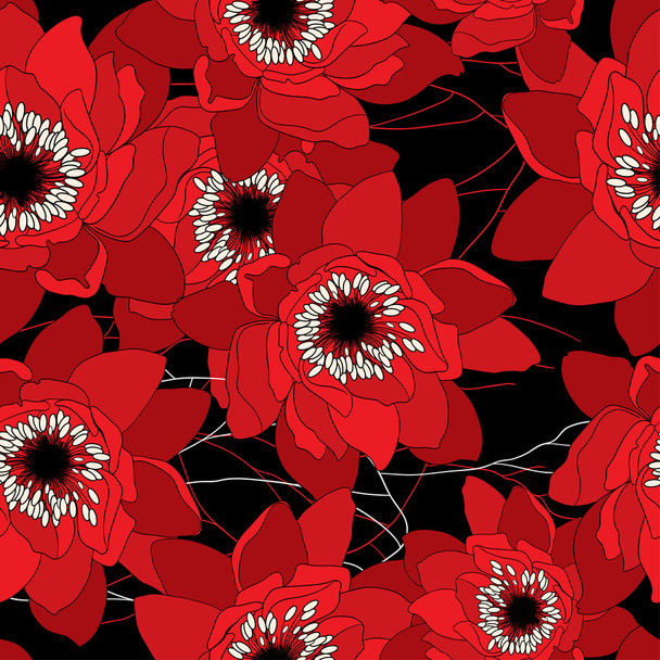 rote und schwarze nahtlose Muster mit Seerosen - Vektor, Bild