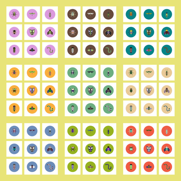 Collection of stylish vector icons in colorful circles insects - Vektör, Görsel