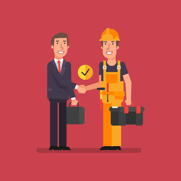 Handshake businessman and builder smile and holds suitcases - Vector, Image