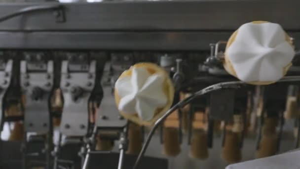 szállítószalag egy waffle kúp egy élelmiszer-feldolgozó fagylalt gyártásához - Felvétel, videó