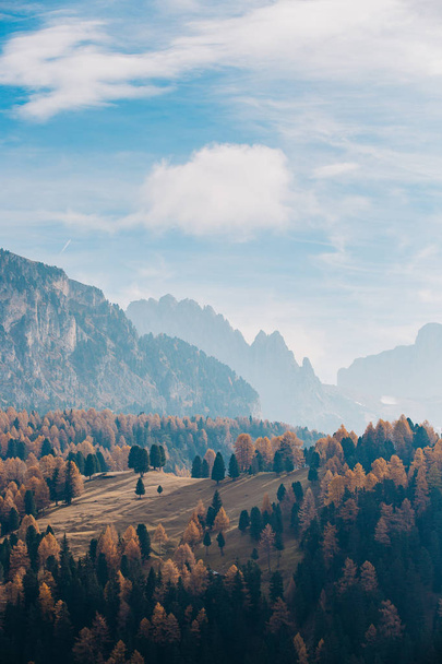 Malerischer Blick auf einen Hang mit wunderschönen Bergen im Hintergrund in Gröden, Südtirol, Italien, Europa - Foto, Bild