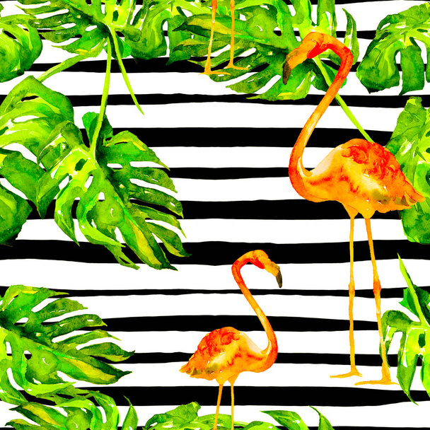 Summer Beach Background. Watercolor Seamless Pattern. Hand Painted Tropic Summer Motif with Hawaiian trees. - Fotoğraf, Görsel