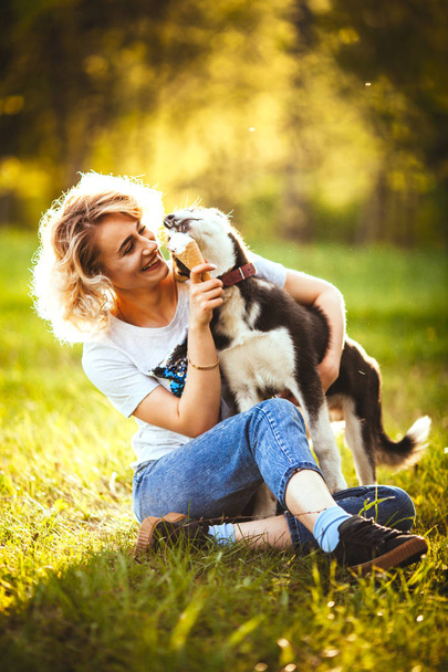 dog black and white color is eating ice cream from the hands of a joyful girl in jeans and in t-shirt on the grass in the park - Фото, зображення