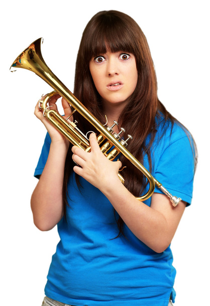 portrait of a teenager playing trumpet - Zdjęcie, obraz
