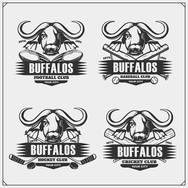 Football, baseball, hockey and cricket logos and labels. Sport club emblems with buffalo. - Vector, Image