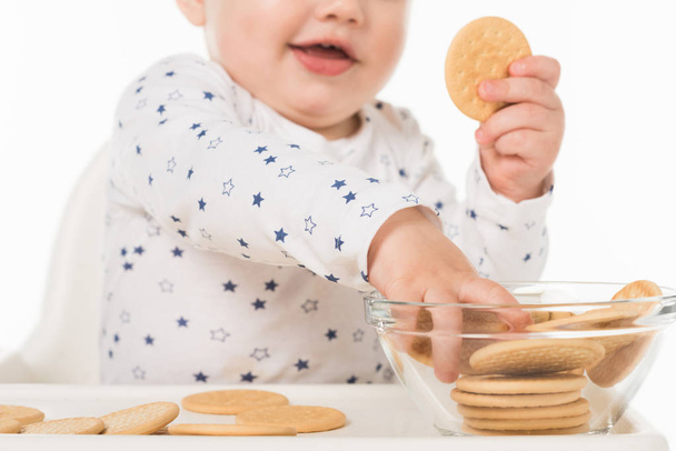 cropped shot of little boy taking cookies from bowl and sitting in highchair isolated on white background  - Фото, изображение