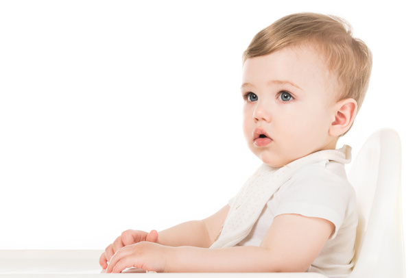 baby boy in bib sitting in highchair isolated on white background  - 写真・画像