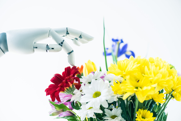 robot kol ve güzel renkli çiçekler üzerinde beyaz izole yakından görmek - Fotoğraf, Görsel