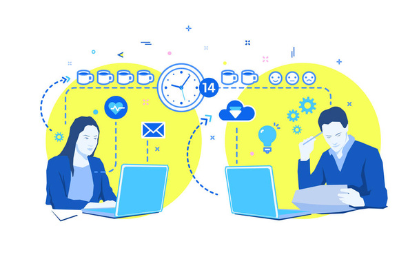 Concept of deadline. Man and woman overwork in office. Managers are sitting at computer desk, working and drinking many cups of coffee. Flat design, vector illustration. - Vector, Image