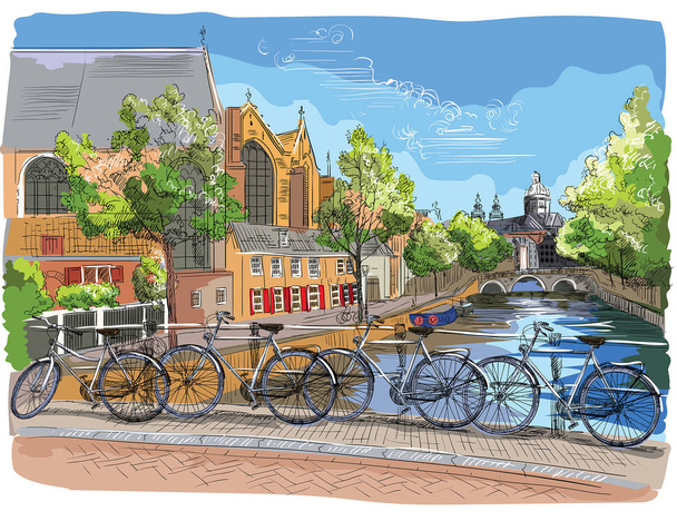 Πολύχρωμο ποδήλατα σε γέφυρα πάνω από τα κανάλια του Amsterdam, κάτω - Διάνυσμα, εικόνα