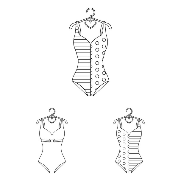 Different types of swimsuits outline icons in set collection for design. Swimming accessories vector symbol stock web illustration. - Vecteur, image