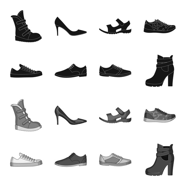 A set of icons on a variety of shoes.Different shoes single icon in black,monochrome style vector web symbol stock illustration. - Вектор,изображение