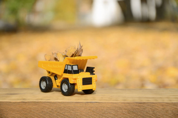 A small toy yellow truck is loaded with yellow fallen leaves. The car stands on a wooden surface against a background of a blurry autumn park. Cleaning and removal of fallen leaves. Seasonal works - Zdjęcie, obraz
