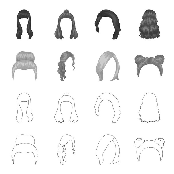 Blond with a bunch, red wavy and other types of hair. Back hair set collection icons in outline,monochrome style vector symbol stock illustration web. - Vektor, Bild