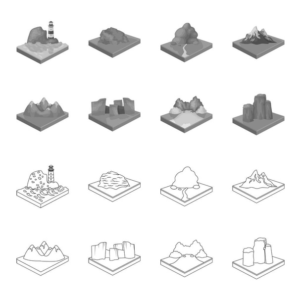 Mountains, rocks and landscape. Relief and mountains set collection icons in outline,monochrome style isometric vector symbol stock illustration web. - Vektor, Bild