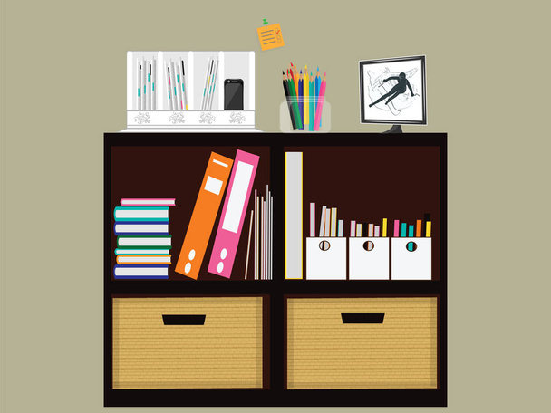 Interior Home Office Managemen - small cabinet for business papers and office supplies cabinet - art illustration vector. - Vector, Imagen