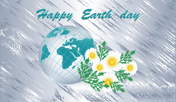 Globe on abstract in grunge style background - bunch of chamomiles - inscription Happy Earth Day - art illustration vector - Vector, imagen