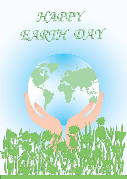 Globe in female palms - green grass - inscription Happy Earth Day - art illustration vector - Vector, imagen