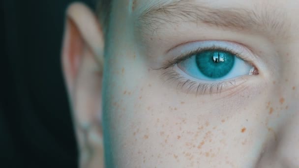 Tyrkysové oči blonďák teenager s červené pihy na jeho obličej a dlouhé bílé řasy detailní zobrazení - Záběry, video