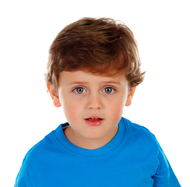 roztomilý chlapeček v modrém oblečení izolované na bílém pozadí - Fotografie, Obrázek