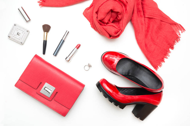 Collection of red women's accessories for special date or holiday. Flat lay. - Zdjęcie, obraz