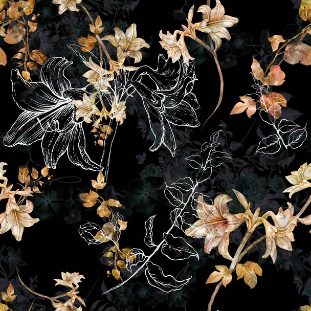 Watercolor painting of leaf and flowers, seamless pattern on dark background - Foto, Imagem