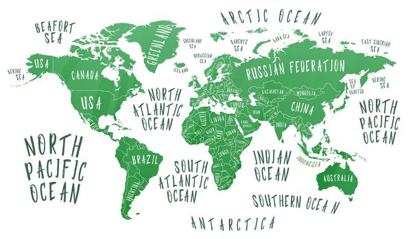 Mapa da Terra com o nome dos países
 - Vetor, Imagem