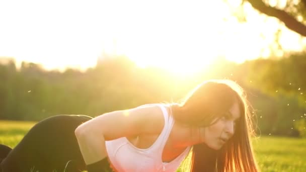 Push up nebo tisk zvýší výkon mladá žena. Dívka na trávu crossfit silový trénink v záři ranního slunce proti bílé obloze s copyspace. Kavkazská model. - Záběry, video