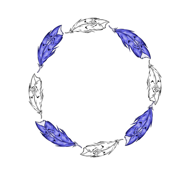 Blue and white feather circle isolated on white background. Hand drawn vector illustration. - Vetor, Imagem