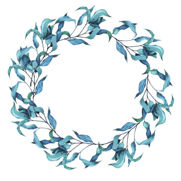 Blue leaves and branches wreath isolated on white background. Hand drawn watercolor illustration. - Photo, Image