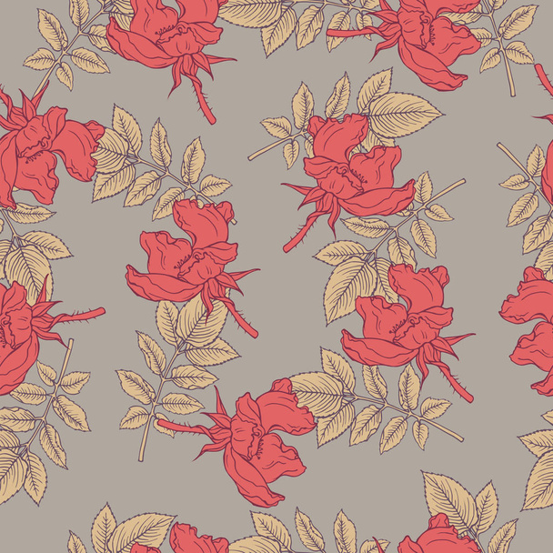 Naadloze patroon met wild rose bloemen en beige laat op pastel grijze achtergrond. Hand getekende vectorillustratie. - Vector, afbeelding