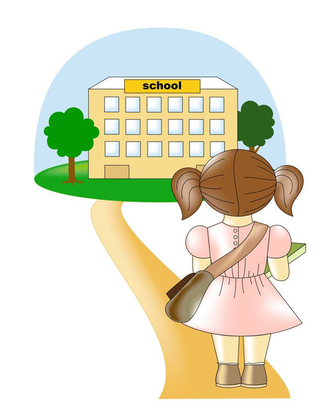 Koulutyttö seisoo polulla koulun edessä kirja hanissaan.
 - Vektori, kuva