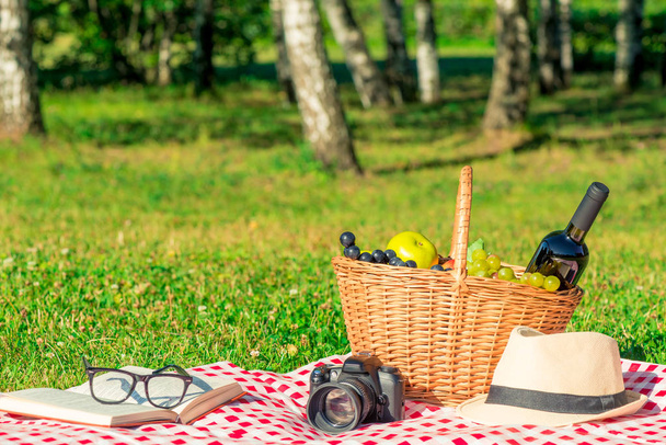 Romantisches Picknick für Verliebte - Korb mit Wein und Obst auf einer Lasche - Foto, Bild